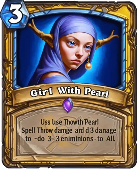 3 A ((Girl with a pearl earring by vermeer)) spell use: throw the pearl and do 3 damage to all enemy minions Hearthstone Card <lora:SDXL-HearthstoneCard-Lora:0.8>