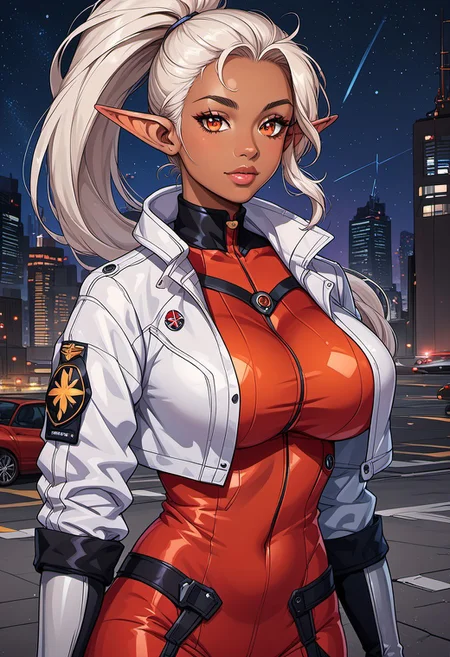 score_9, score_8_up, score_7_up, score_6_up, score_5_up, score_4_up, ANIMEShader, beautiful elven woman, (dark skin:1.3), long white hair in a ponytail, small cute button nose, soft round chin, detailed orange eyes, bright orange eyes, high definition eyes, detailed eyes, elf ears, huge breasts, red bodysuit, silver jacket, cropped jacket, pilot suit, night, city,