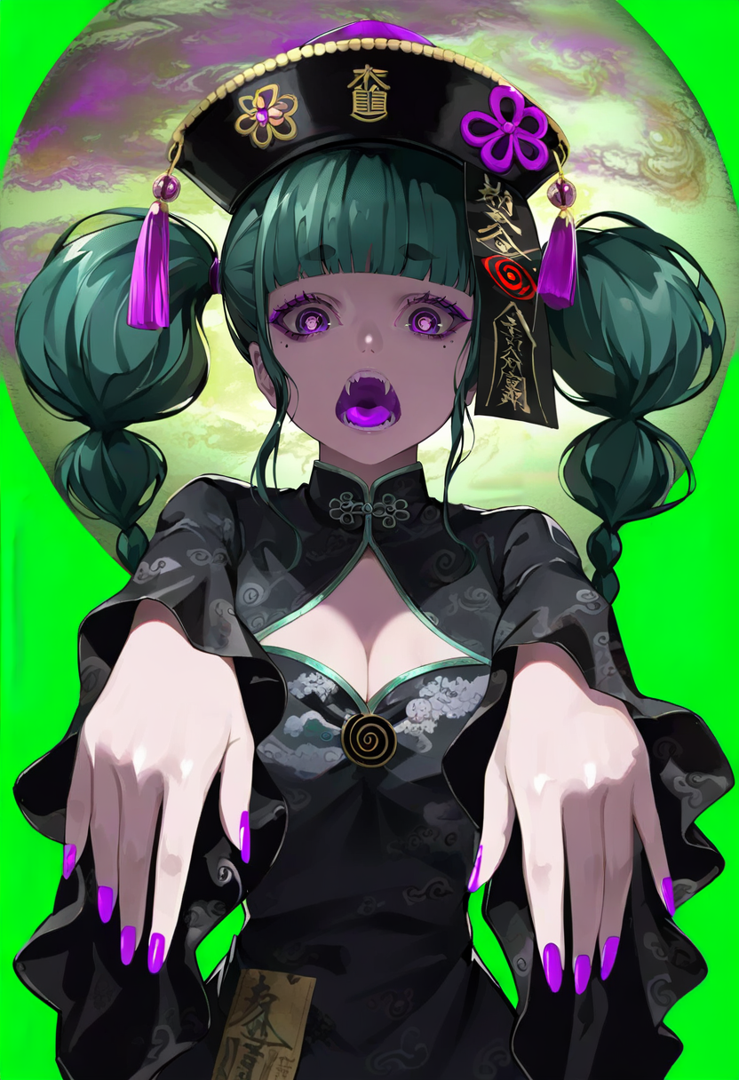 1girl, solo, ofuda, open mouth, hat, breasts, jiangshi, purple nails, mole, purple eyes, cleavage, green hair, mole under eye, cleavage cutout, chinese clothes, dress, looking at viewer, twintails, clothing cutout, fangs, qing guanmao, long sleeves, outstretched arms, black headwear, bangs, fingernails, upper body, zombie pose, talisman, long hair, moon, green background, twin braids, black dress, tassel, aqua hair, wide sleeves, blunt bangs, teeth, nail polish, braid, eyeshadow <lora:LAMXL_NBVP1_lokr_V6311PZ:0.95>