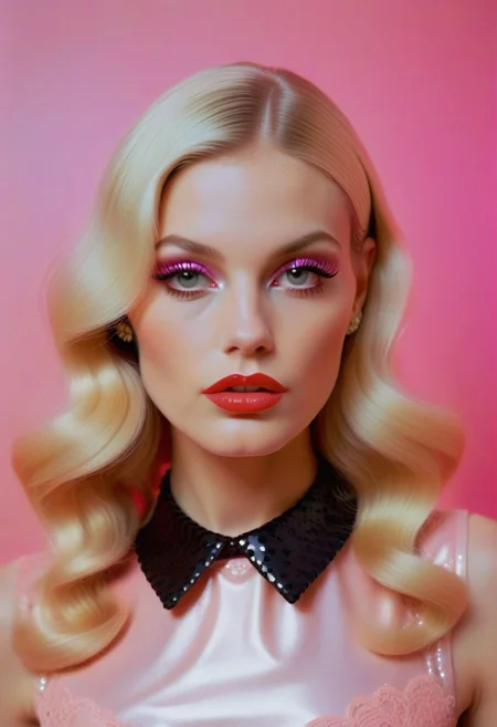Marianna Rothen Style page, a woman with long blonde hair, lace collar, sleeveless sequin mini-dress, surreal avant-garde style, bright spotlights, pink and orange colored walls, mark ryden and lisa frank, beauty campaign, still image from tv series, glossy red lipstick, maxim cover, pink glitter eyeliner, dark mascara, supermodel, flash photograph, terry richardson, mark jacobs, high heels, long legs
