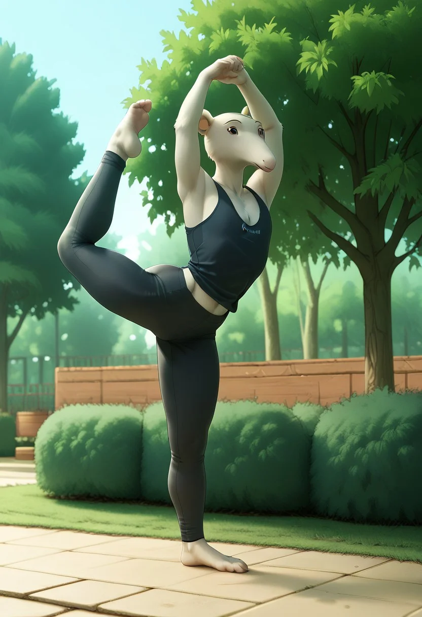 (zPDXL3), anthro, furry, beastars, (kibi, anteater), grey fur, male, solo, portrait,good hands, five fingers, five toes,((black tanktop,black yoga pants)), natarajasana yoga pose, slim, fur body,(park),brown eyes,score_9,score_8,score_7,score_8_up,score_7_up,score_6_up