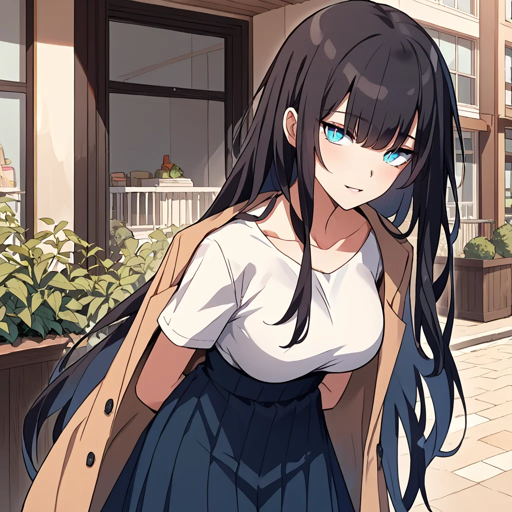 1girl, solo, joo so-yul, long hair, breasts, black hair, blue eyes, slit pupils, white pupils, bangs, very long hair, collarbone, mature, white shirt, blue skirt, brown jacket, jacket on shoulders, high-waist skirt, pleated skirt, jewelry, bracelet, thighs,
looking at viewer, arms behind back, leaning forward, blush, head tilt, parted lips, light smile,
score_9, score_8_up, score_7_up, masterpiece,zPDXL3, outdoors,
<lora:Joo_So-Yul:0.85>