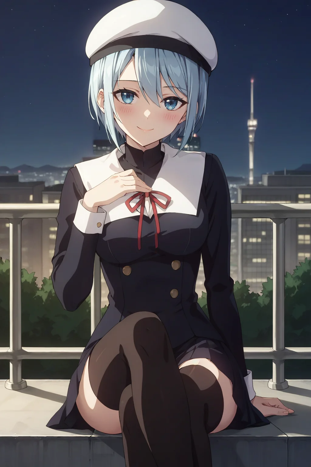 score_9, score_8_up, score_7_up, source_anime, 1girl, prefect lighting, very aesthetic, intricate details, highly detailed background, masterpiece, high quality, prefect hands, best quality, solo,
<lora:Momo_Ryuju_Kaguya-sama_Love_Is_War_V1:.85>, KJOmomo, light blue hair, blue eyes, short hair, sidelocks, hair between eyes,
Black school uniform, thighhighs, white beret,
sitting on ledge, crossed legs, hand on chest, smile, head tilt, blush,
night, rooftop, cityscape,
(Beautiful, medium Breasts:1.2), natural breasts,