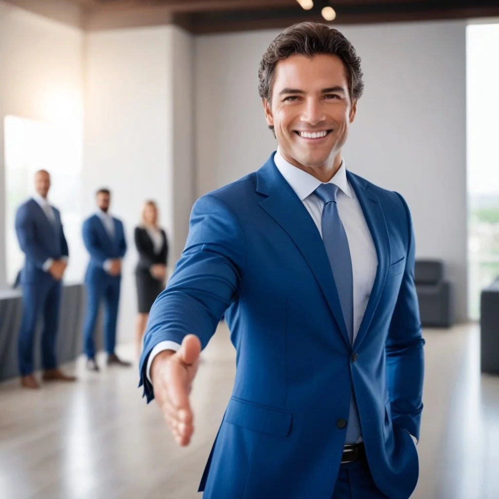 ((POV, offering handshake)), outstretched hand in foreground, firm grip, a warrior in battle-worn armor standing ahead, making eye contact, confident smile, well-groomed appearance, dressed in a {business suit|casual attire|formal wear}, professional setting with soft ambient lighting, cinematic depth of field, background subtly blurred for emphasis