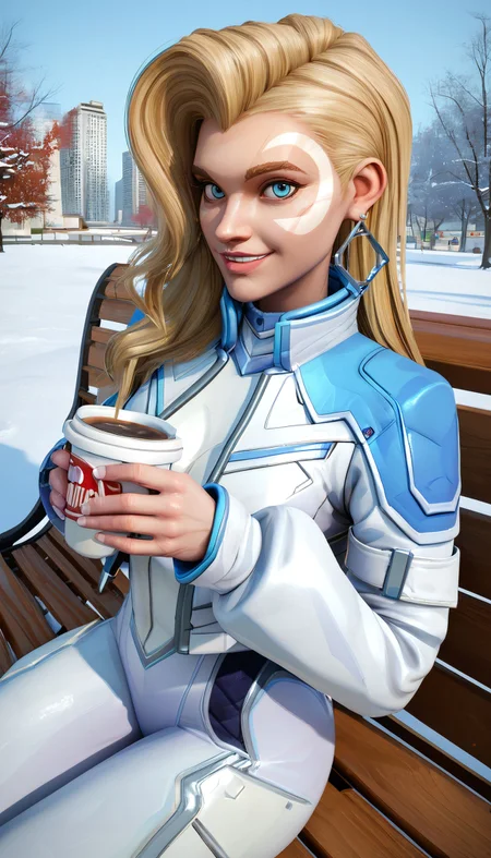 zPDXL3,  <lora:DaggerMR:.7>,
dggrmr, woman, blue eyes,facial mark,single earring,long blonde hair, white bodysuit,cropped jacket,long sleeves, looking at viewer, smiling, sitting, on bench, outside, park, trees, snow, city, blue sky, holding coffee cup,