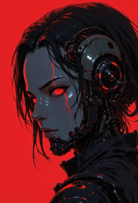S1n0z1ck style,
close-up shot of a dressed in futuristic hard surfaced dark sci-fi, slightly oval cross section look, battle scratched armor, a santa suit, mysterious white skin mexican wabi-sabi female santa clause mercenary battle droid humanoid woman with a lot of mechanical parts looking at the viewer, 1800'S, - Bosmer hybrid, Scribe, equirectangular 360, Flirty expression, Romantic, whimsical, Fast Shutter Speed, Lomography Color 100, red and black palette, highly detailed Mayhem style , background bizarre techno ghetto transmission, style minimalist, conceptual art posing Japanese, conceptual, illustration, cinematic, photo epic action, cinematic, award winning artwork, many details, patterned illumination, bad VHS tape image artifacts, anime style, key visual, vibrant, studio anime, neon red palette,
<lora:s1n0z1ck-flux-test-lora:0.85>
<lora:m100-style_v.02:0.6>
<lora:ck-MetalGearSolid:0.55>
<lora:CPA:0.3>
<lora:ck-phantom-grid-000023:0.4>