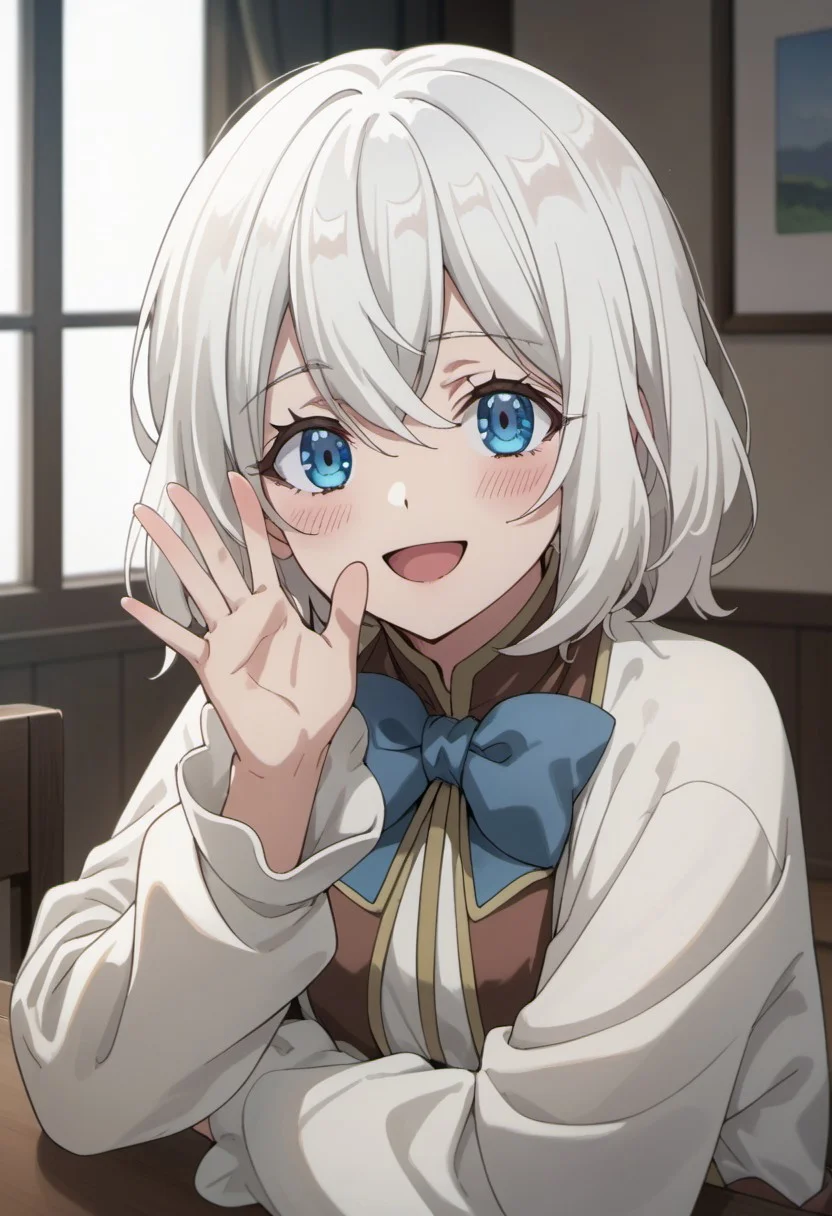 score_9, score_8_up, score_7_up, source_anime,leeche lynn, white hair, blue eyes, short hair, 1girl, solo, looking at viewer, blush, open mouth, bow, smile, long sleeves, blue bow, hand up, hair between eyes, parody, indoors, upper body