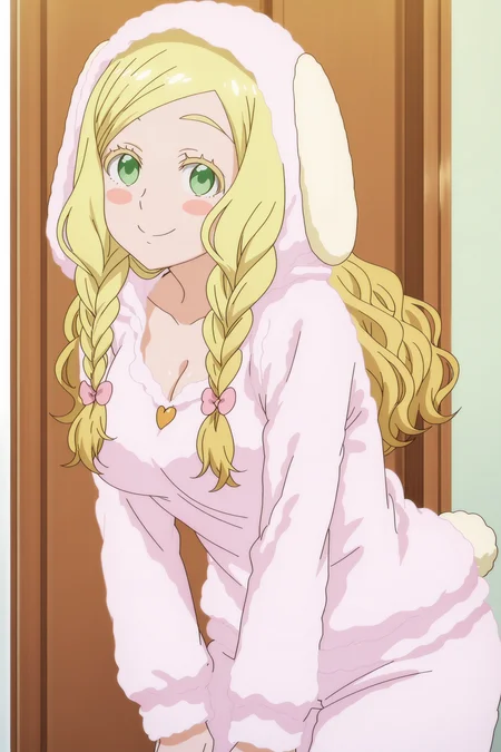 anime screencap, anime coloring, detailed face, masterpiece, best quality, very aesthetic, absurdres, volumetric lighting, official style, amazing quality, ultra detailed, highres, amazing quality, scenery, beautiful detailed hair, beautiful detailed eyes,
<lora:StS-Illustrious-Detail-Slider-v1.0:4>
indoors, girl is 18 years old,
<lora:Carol_Olston_Tomo-chan_is_a_Girl_-_Illustrious_V3:1> Olston (character), 1girl, solo, blonde hair, wavy hair, blonde eyebrows, long hair, large breasts, blush stickers, Carol pajamas (outfit), cleavage, rabbit hood, braids, rabbit suit, rabbit tail, pajamas, cute smile, cowboy shot, looking at the viewer, leaning in