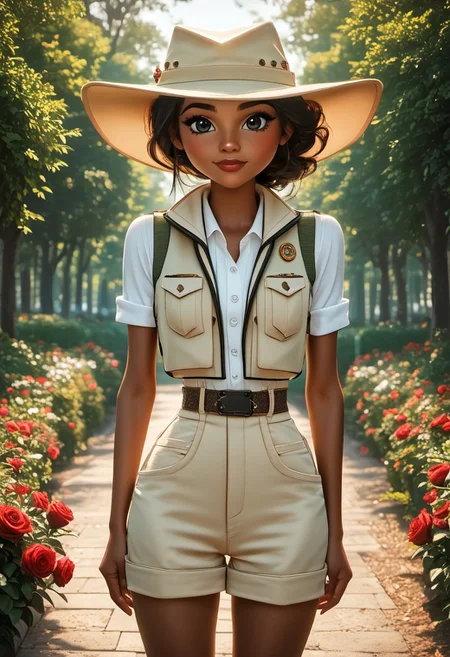 (masterpiece:1.5), (score_9), auto1111, ultra-detailed, (high res), cinematic lighting, beautiful lighting, smooth lighting, (detailed background), ponypositive, 1woman, solo, solo focus, ((cowboy shot)), looking at viewer, (narrow waist, skinny, slender body, slim), (outdoors, floral garden, roses, day), (anime eyes), bright lighting, daylight, sunshine, cute, kawaii, (closed mouth), happy, ((standing)), alone, (hands at sides), (perfect hands, beautiful hands), perfect anatomy, cinematic style, cinematic quality, precise, prevision, colorful, striking visuals, sharp focus, light reflection, small body, zPDXL3, SmoothQualityPony, 3D Fairytales, JasmineTDPI, dark skinned female, safari outfit, beige hat, khaki vest, beige shorts, back hair, dark green hiking boots, white socks, black eyes, lips,