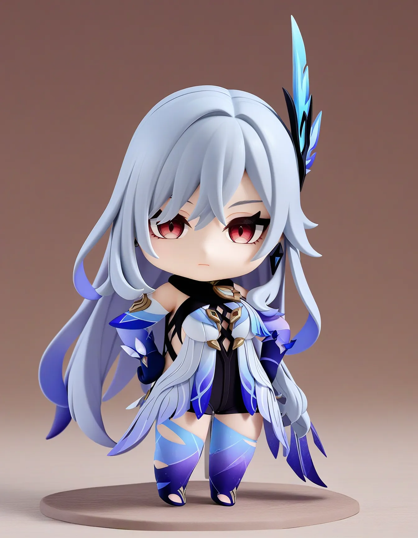 nendroroid, chibi, skirk \(genshin impact\), genshin impact, 1girl, solo, breasts, long hair, gloves, thighhighs, looking at viewer, elbow gloves, hand on hip, bangs, hair ornament, jewelry, blue gloves, bare shoulders, grey hair, large breasts, earrings, thighs, blue thighhighs, purple eyes, very long hair, hair between eyes, torn clothes, leotard, dress, red eyes, standing, closed mouth, black shorts, shorts, simple background
masterpiece, best quality, very aesthetic, absurdres
<lora:a31_skirkXL:0.8> <lora:nendoroid_xl_v2:1>