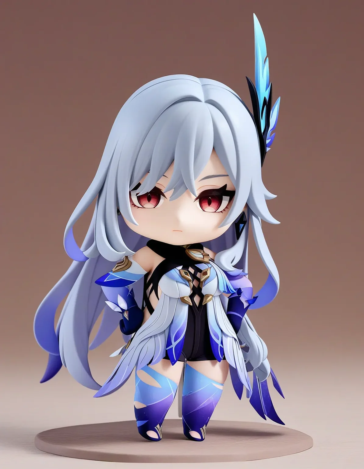 nendroroid, chibi, skirk \(genshin impact\), genshin impact, 1girl, solo, breasts, long hair, gloves, thighhighs, looking at viewer, elbow gloves, hand on hip, bangs, hair ornament, jewelry, blue gloves, bare shoulders, grey hair, large breasts, earrings, thighs, blue thighhighs, purple eyes, very long hair, hair between eyes, torn clothes, leotard, dress, red eyes, standing, closed mouth, black shorts, shorts, simple background
masterpiece, best quality, very aesthetic, absurdres
<lora:a31_skirkXL:0.8> <lora:nendoroid_xl_v2:1>