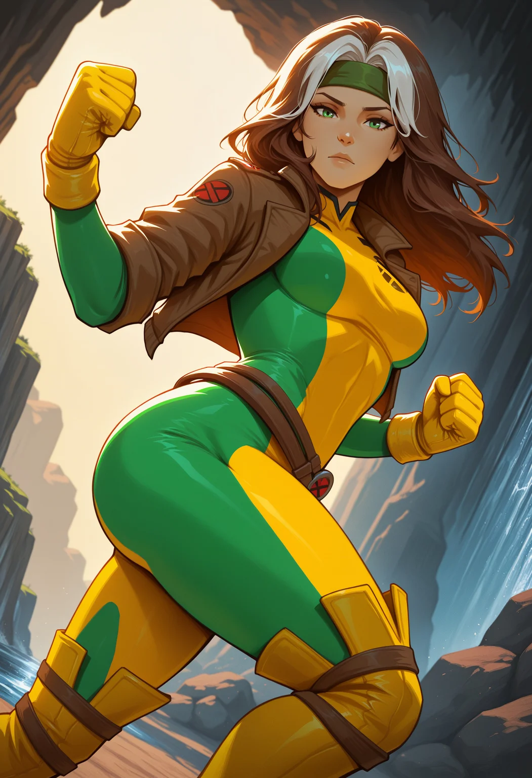 masterpiece,best quality, devilhsill, beautiful lighting, dramatic lighting, dutch angle, painted, texture, traditional art, cavas painting, 1girl, solo, X-MenRogue, white bangs, brown hair, green eyes, multicoloured bodysuit, green bodysuit, yellow bodysuit, brown jacket, looking at viewer, green headband, long hair, medium breasts, thighs, yellow thigh-high boots, loose belt, three-prong belt, chest emblem, shoulder emblem, boxing stance, balled fists, raised fists, hunched shoulders, depth of field, waterfall, cascading water, rocky cliffs, refreshing,