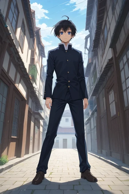 score_9, score_8_up, score_7_up, source_anime, rating_safe, , anime screencap, , , looking at viewer, , 1boy, solo, male focus, <lora:misogi_kumagawa_pony:0.82>, misogi_kumagawa, black hair, blue eyes, short hair, ahoge, wide angle, wide shot, full body, fantasy land, day, arm at side, :D, ,, <lora:sdxl_lightning_8step_lora:1>
