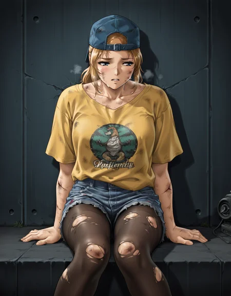 <lora:shuusaku-pack-illustrious-000035:0.6> <lora:holly-forrester-illustrious-000013:0.8> holfor, backwards cap, t-shirt, yellow shirt, denim shorts, pantyhose
1girl, solo, sitting, against wall, heavy breathing, battle damage, night
best quality, great quality