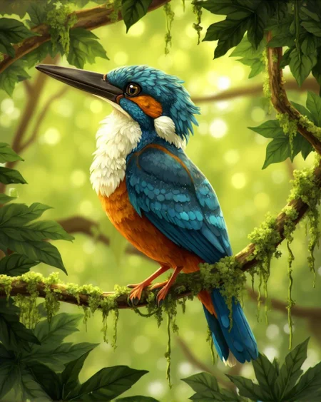 <lora:ck-LttleGhost-000011.safetensors:1> in the style of ck-lttlegh0stSubject: A majestic kingfisher perched on a lush green branch, its vibrant blue and orange feathers glistening in the warm light. The bird's piercing gaze seems to hold mine, as if daring me to come closer.
Her plumage is a mesmerizing dance of color, with iridescent blues and oranges that seem to shift and shimmer like the surface of a tranquil lake on a summer's day. Each feather is meticulously rendered, every barb and quill perfectly in place, giving the illusion of three-dimensionality. The subtle play of light across her feathers creates an almost palpable sense of texture.
Her eyes, a piercing black, seem to bore into mine, challenging me to meet their intensity. Her beak, strong and sharp, is poised, as if ready to strike at any moment. The delicate tendrils of greenery surrounding her form a lush, organic framework that seems to pulse with life.
The leaves below are rendered in exquisite detail, each leaf a masterpiece of botanical precision, with every vein and ripple meticulously painted on. The gentle play of light across the leaves creates an almost surreal sense of depth, drawing me into the world of this painting.
Wardrobe: The kingfisher's plumage is its most striking feature, with vibrant blue and orange hues that seem to shift in the light. The delicate feathers on her head and neck are a marvel of detail and artistry.
Setting: A lush, verdant branch hangs suspended in mid-air, surrounded by leaves that seem to writhe and twist like living tendrils.