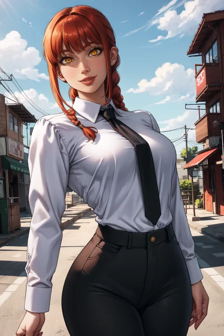 1girl, (solo:1.2), (posing sexually:1.3), (cowboy shot:1.5), smile, happy, closed mouth, luscious lips, (masterpiece:1.3), (best quality:1.3), (perfect anatomy:1.4), highly detailed, <lora:Logan Cure [MockAi - v1.0]:0.8> logancure, realistic, (film grain:1.2), soft shading, western artstyle, (detailed background scenery:1.4), (inside:1.3), <lora:Makima [nochekaiser881 - v1.0]:0.8> makima, long hair, smile, bangs, (yellow eyes:1.2), braid, red hair, braided ponytail, ringed eyes, shirt, long sleeves, white shirt, necktie, collared shirt, pants, black pants, formal, suit, black necktie, shirt tucked in, office lady