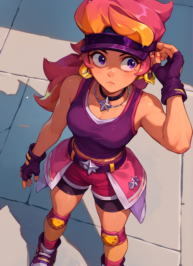 score_9, score_8_up, score_7_up,   <lora:boamber:1>boamber   ,1 girl  , multicolored hair, long hair  ,purple tank top,  belt, yellow knee pads, shorts ,  skirt, shorts under skirt, visor cap,   pink headwear, fingerless gloves,  from above,
