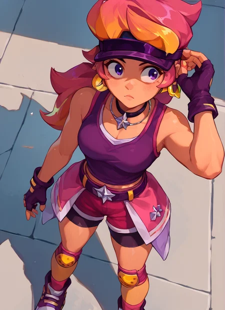 score_9, score_8_up, score_7_up, <lora:boamber:1>boamber ,1 girl , multicolored hair, long hair ,purple tank top, belt, yellow knee pads, shorts , skirt, shorts under skirt, visor cap, pink headwear, fingerless gloves, from above,