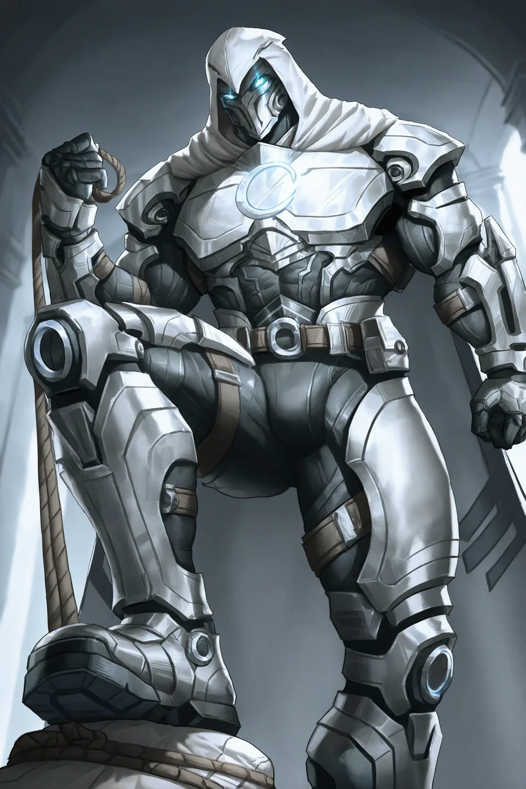 lindong moonknight, 1boy, hood, armor, cape, glowing eyes, blue eyes, mask, bara, muscular, <lora:moonknight_noob75_prodigy-000035:0.9>,
leashed pov, dominant, holding leash, pov, from below, step pose, rope, stomping, perspective, feet out of frame,
masterpiece, high quality,