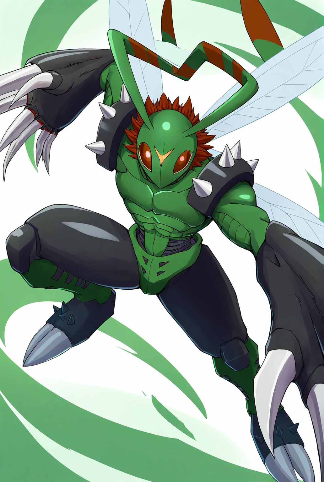 very awe,aesthetically pleasing,masterpiece,best quality,amazing quality,very aesthetic,ultra-detailed,high resolution,8k,1boy,solo,full body,male focus,detailed face,digimon,insect wings,no humans,wings,(creature),claws,spikes,antennae,red eyes,armor,fighting stance,perspective,flying,<lora:Stingmon:0.8>,stingm0n,digimon \(creature\),