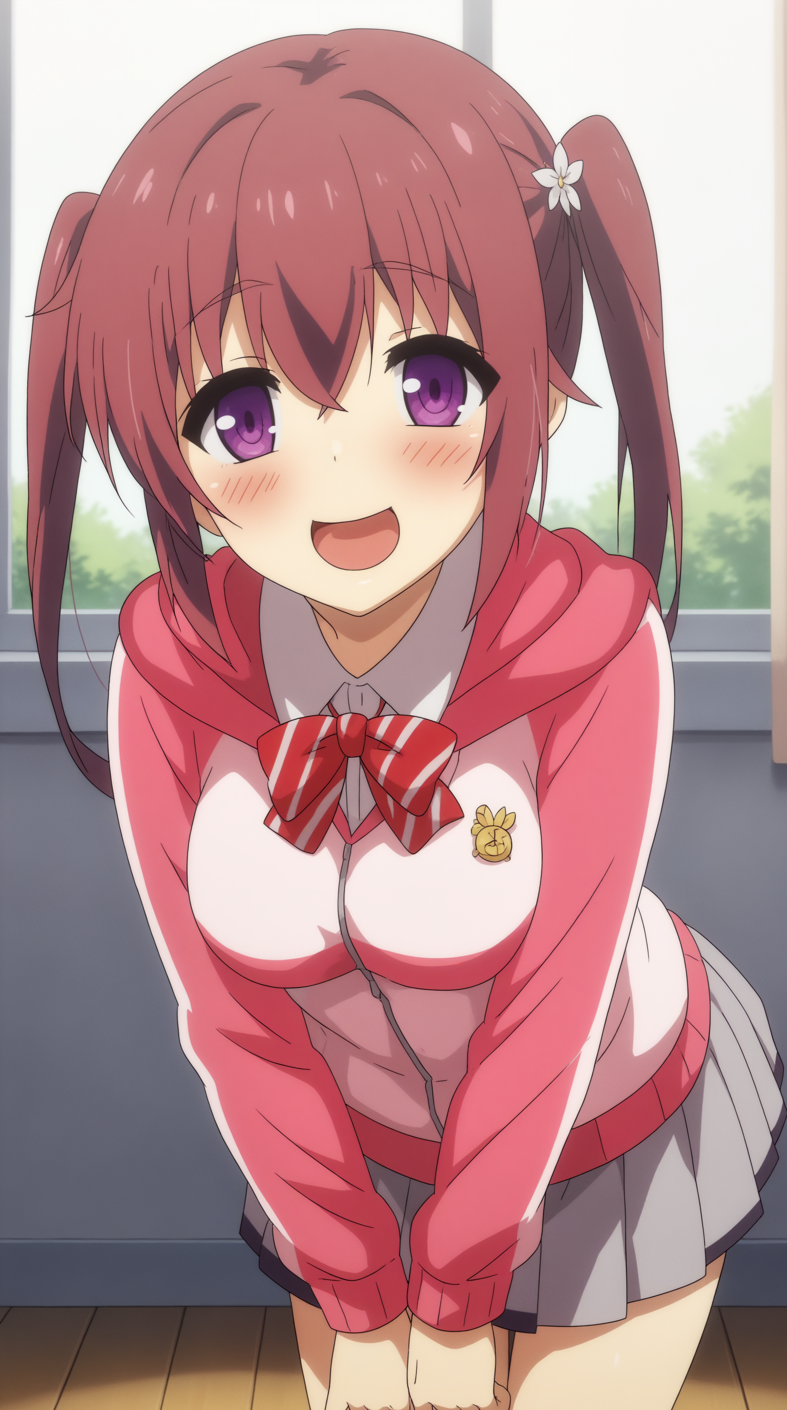 score_9, score_8_up, score_7_up, best background, detailed background, 4k, upscale, anime_source,  Satogami Yuri, solo, looking at viewer, blush, smile, open mouth, skirt, bow, school uniform, flower, :d, pleated skirt, hood, hoodie, full body, bent over,   <lora:JN_Satogami_Yuri_Pony:0.8>