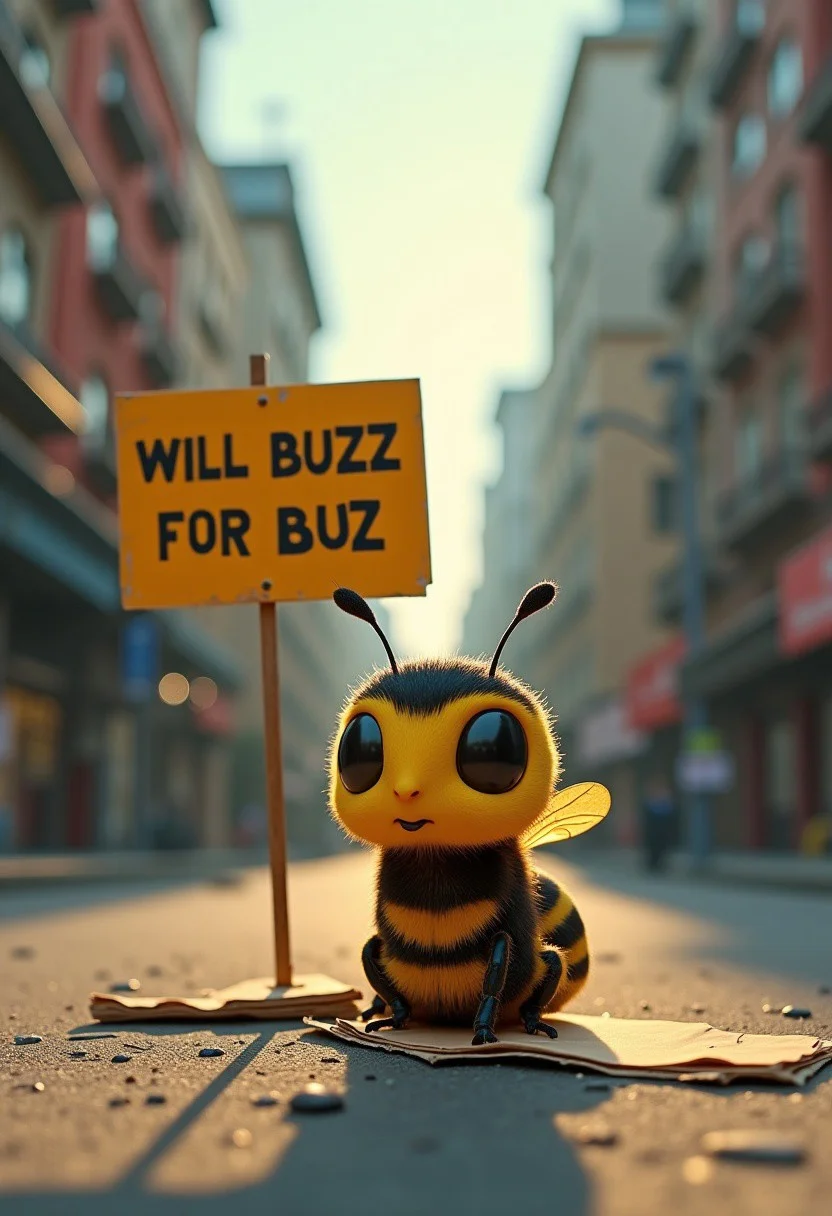 masterpiece, best quality, highly detailed, score_9, score_8_up, score_7_up,
BREAK, 70mm lens, full-color photograph, shadows, cinematics lighting, volumetric lights, realistic lights, three quarter view, film grain,
photograph of a tiny cartoonish bee, looking desolate, in an empty city, sitting on a piece of cardboard, a huge sign next to him that says "will buzz for buzz"