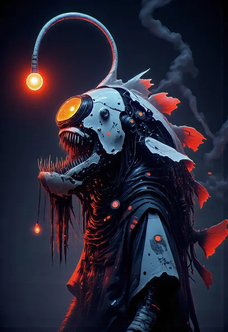 neon-mist, cpstyle. A high-resolution digital artwork featuring a futuristic, cybernetic anglerfish-like figure with an intricate mechanical design. Its sleek, robotic exoskeleton is predominantly white with striking orange accents, composed of interlocking plates, exposed wiring, and glowing circuitry that pulse with an eerie energy. A large, circular visor obscures its eyes, its reflective surface displaying cryptic digital patterns, reinforcing its enigmatic, deep-sea-inspired presence.
A biomechanical antenna extends from its forehead, arching forward like a predatory lure. At its tip, an orb of synthetic light pulses softly, casting an eerie glow that pierces the surrounding darkness. This illumination reveals faint wisps of neon mist swirling around its form, accentuating its haunting, otherworldly silhouette. The plating along its head and shoulders integrates seamlessly into an advanced neural interface, forming an elegant yet menacing biomechanical collar adorned with engraved circuitry patterns.
Thin mechanical tendrils extend from the back of its head, resembling bioluminescent appendages, glowing faintly as they process vast streams of data. The fusion of organic and synthetic elements is evident in the delicate engravings along its plating, resembling deep-sea textures reimagined through futuristic technology. 