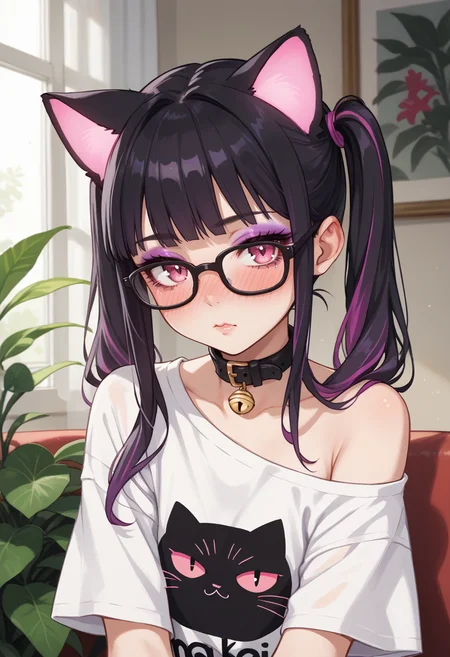 score_9, score_8_up, score_7_up,source_anime, indoors, 1 girl,seductive, nose blush, bangs cover one eye, big black glasses, lush eyelashes, fashion makeup, eyeliner, eyeshadow, , glowing, neon, long hair, black hair, pigtails, purple highlights, pink eyes, cat ears, nekomimi, cat collar, oversized t-shirt, single bare shoulder,