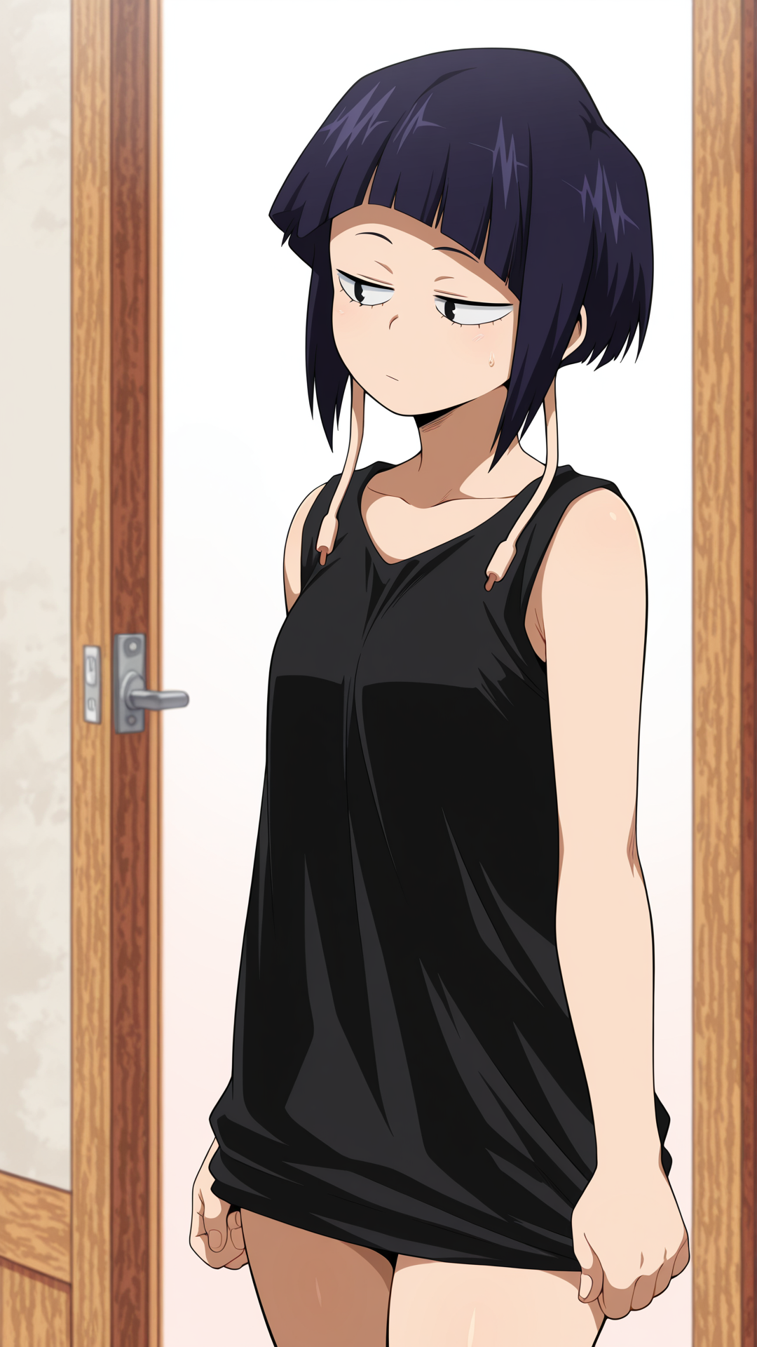 masterpiece, best quality, absurdres, amazing quality,  1girl, solo,  <lora:IlluJirou:1> illujiro, short hair, bangs, long earlobes, purple hair, black hair, black eyes