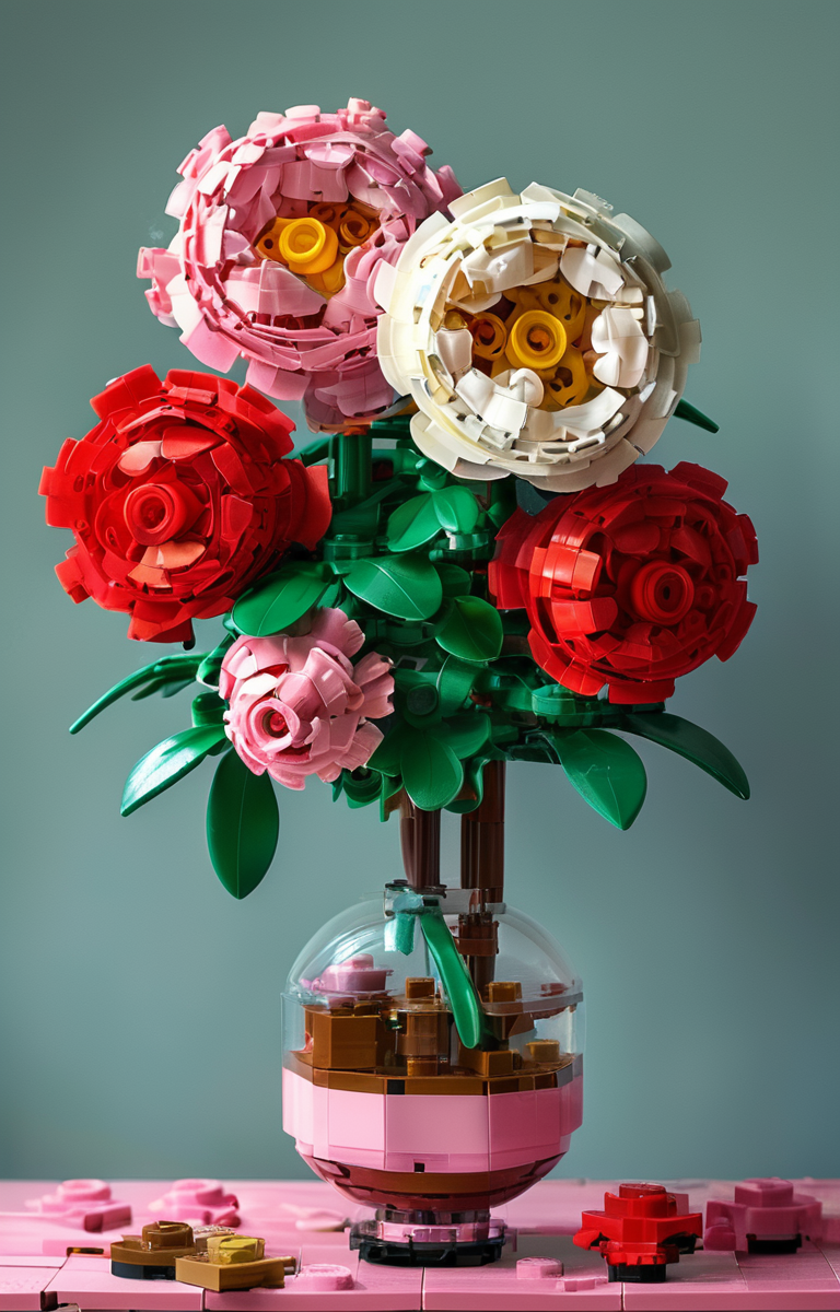 masterpiece,best quality,<lora:tbh246-sdxl:0.9>,illustration,style of lego,  decaying peonies