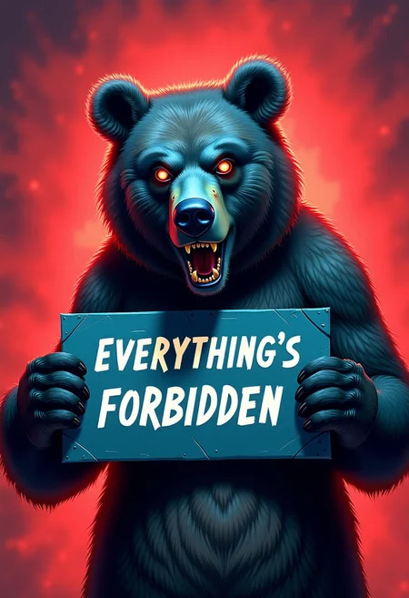 A haggard unkempt anthro grizzly bear is holding a sign saying "EVERYTHING'S FORBIDDEN". Dramatic but simple composition, exaggerated shocked expression, stylized neon splash graphic novel look, low frequency patterned background, end of the world!
