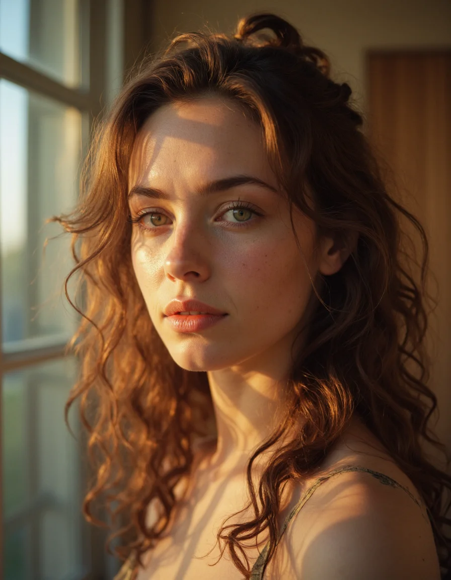 A lovely woman with sun-kissed skin,Cloudy hair,streaked hair,Sharp focus,Pripyat Ukraine,,Fuji superia 400,Neon Light,<lora:real-lora:1>