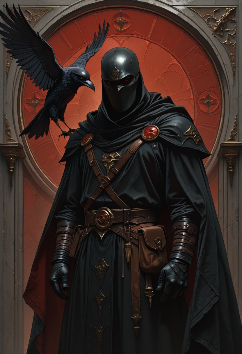 dmsty, bird, red eyes, belt, gloves, solo, black gloves, cloak, cape, male focus, jewelry, crow, pouch, standing, 1boy, cowboy shot, artist name, bird, red eyes, belt, gloves, solo, black gloves, cloak, cape, male focus, jewelry, crow, pouch, standing, 1boy, cowboy shot, artist name