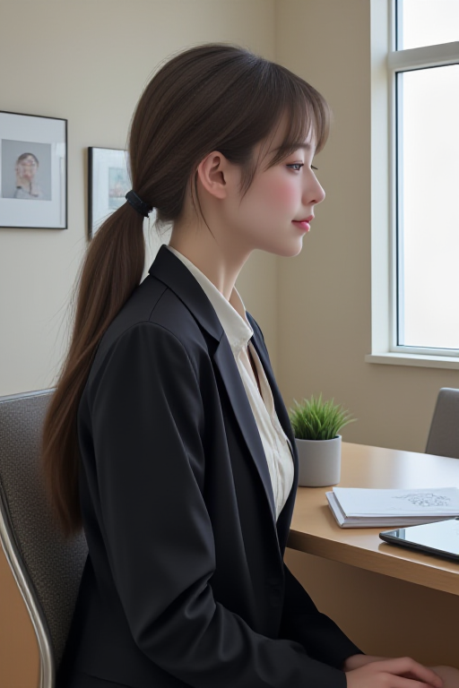((realistic)), ((fair skin)), ((skinny)), 1girl, idol, jpop, kpop, belle, pretty, petite, parted lips, light smile, office lady suit, work in office, table, sitting on chair, computer, indoors, profile, from side, looking away, <lora:ADetailerNetidolFace_flux:1>