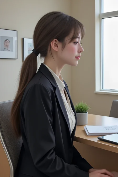 ((realistic)), ((fair skin)), ((skinny)), 1girl, idol, jpop, kpop, belle, pretty, petite, parted lips, light smile, office lady suit, work in office, table, sitting on chair, computer, indoors, profile, from side, looking away, <lora:ADetailerNetidolFace_flux:1>