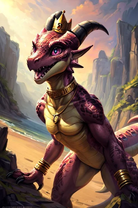 scalie, anthro, ((female)), ((kobold:1.3)), detailed pink scales, detailed scales, intricate scales, ((small breasts)), (nude), (detailed face), (detailed eyes:2), (big eyes:0.5), claws, open mouth, grin, (fangs:1.3), cute, young, muscular, athletic, elegant, beautiful, claws, (slit pupils), bright eyes, expressive eyes, (chubby:0.5), (plump:0.5), smiling, happy, 
dynamic pose, (sexy pose), standing, saliva, (drooling:0.3),
<lora:dragon:0.1>
<lora:addmoredetails:0.1>
<lora:Velociraptor_Dino:0.1>
<lora:deathclaw:0.1>
by thesecretcave, by lizet, by silverfox5213, by darkgem, by kenket,
((golden bracelet, golden anklet, golden necklace, golden earrings, iridescent gold, collar, golden tiara, golden crown)),
noon, sunlight, 
on a beach, 
(ambient light on the body),
Ray tracing, dutch angle, concept art, highly detailed, (hi res), ((masterpiece)), ((best quality)) masterpiece, best quality, masterpiece, best quality, cinematic composition, (masterpiece, best quality, ultra realistic, 4k, (high detail:1.3), sharp focus,