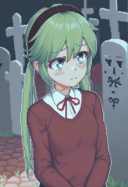 source_anime, score_9, score_8_up, score_7_up, score_6_up, score_5_up, score_4_up, 1 girl, solo, <lora:Io_Ichimonji_from_LiL_PonyXL:0.8>, long hair, low twintails, twintails, hair between eyes, blush, io_outfit4, hairband, school uniform, ribbon, sweater, neck ribbon, red ribbon, shirt, black hairband, <lora:cone:1> c0ne, pixel art,(graveyard, Fingers snapping),