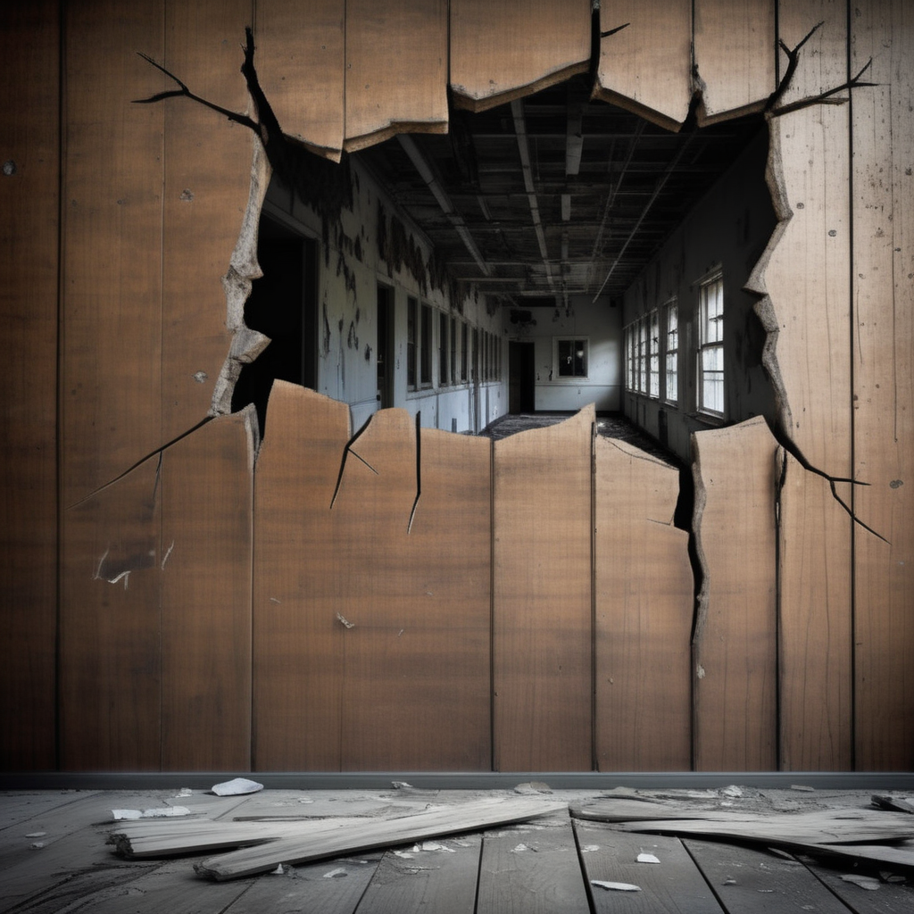 hole,A photorealistic image of a cracked wooden wall, with splinters and jagged edges, revealing a glimpse into an abandoned hospital. The hospital should evoke a sense of dread and unease, <lora:PostApocalypticXL_v1:0.3>, perhaps with flickering lights, peeling paint, and old medical equipment scattered around. The wooden wall should have realistic textures, showing signs of age and decay, as if it has been standing for years. The cracks in the wood should be large enough to give a clear view into the unsettling hospital scene, but not so large as to reveal everything. The atmosphere should be thick with tension, making the viewer wonder what happened in this forsaken place, <lora:hole2:0.6>