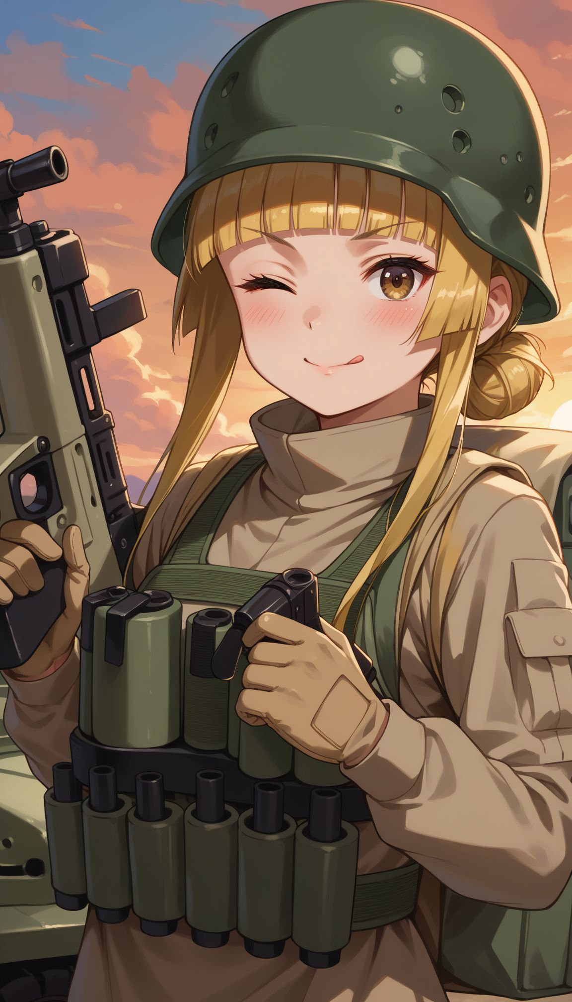 score_9, score_8_up, score_7_up, score_6_up,
f <lora:Fukaziroth:1>, fukaziroh_(sao) , 1girl, blonde hair, one eye closed, tongue out, holding weapon, cloud, dual wielding, outdoors, ground vehicle, ;q, grenade launcher, long sleeves, brown gloves, looking at viewer, smile, motor vehicle, holding gun, helmet, blunt bangs, cloudy sky, brown eyes, blush, long hair, upper body, closed mouth, sidelocks, tank, green headwear, sunset, single hair bun, backpack, ;p, military vehicle, trigger discipline, submachine gun