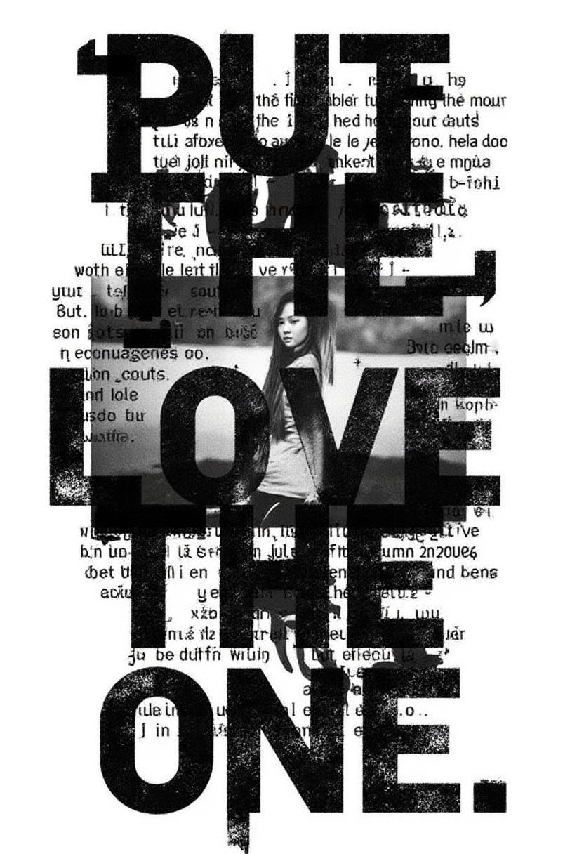 Create an image featuring a bold and dynamic composition with large, overlapping text in a modern, sans-serif font. The text should include phrases like "PUT THE," "grande," "John," "PN in," "Fant," "your," "Sand," "HAND," "the," "BREATH," "I've," "taken," "THE," "and," "THESO," "THE ONE," "thuis," "I mustto," "FROM," and "MATIPA." Arrange the text in a chaotic yet visually appealing manner, with varying sizes and angles to create a sense of movement and energy. In the center of the composition, place a stylish young woman with a confident pose, wearing modern, minimalist clothing. She should be interacting with the text, as if she is part of the typographic design. Use a monochromatic color scheme with high contrast, such as black text on a white background or white text on a black background, to emphasize the typography and the woman's silhouette. The overall aesthetic should be minimalist yet impactful, focusing on the interplay of text, negative space, and the human element.