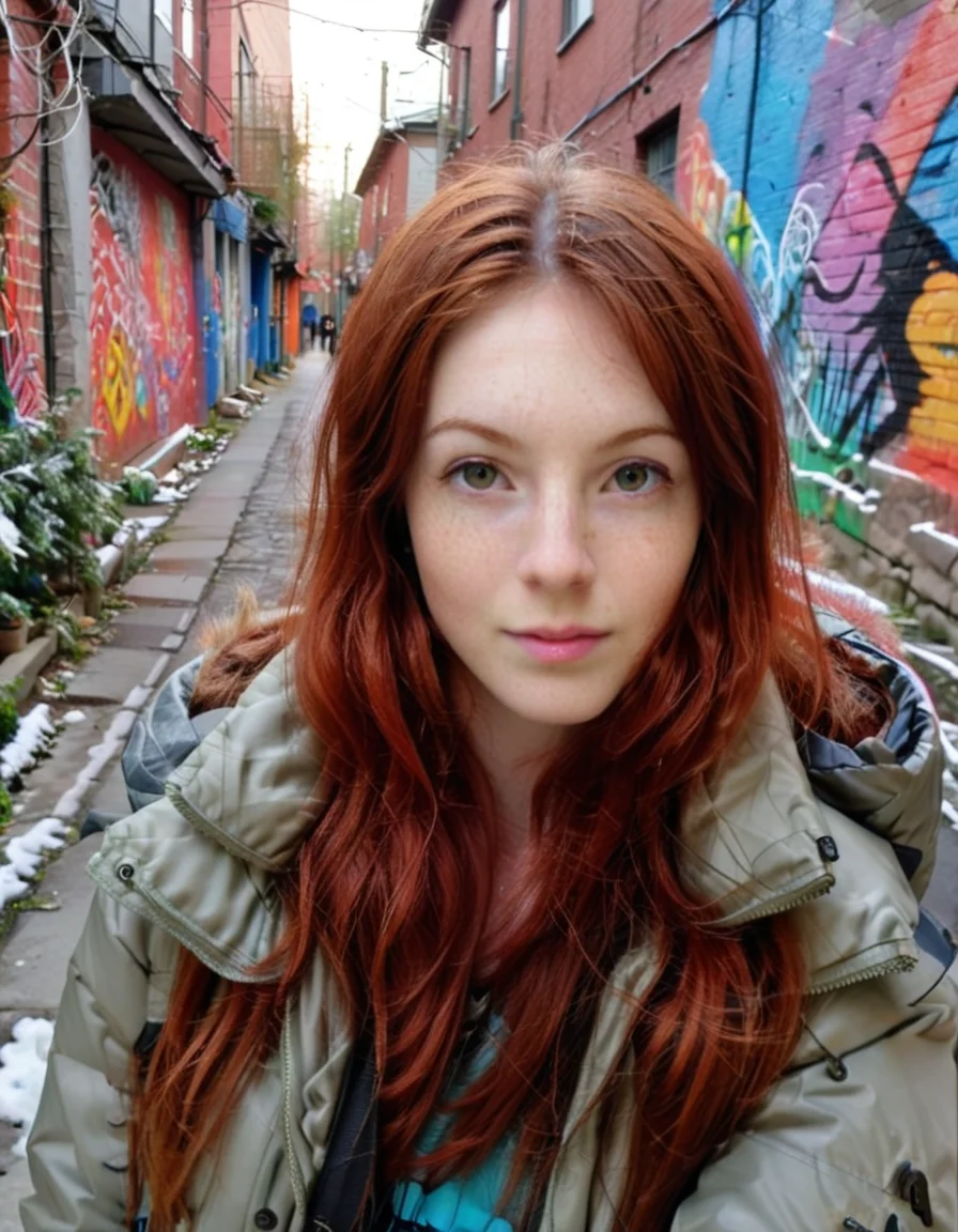 an educational selfie from the front with atmospheric lighting, captured by kristin-lee moolman; it is showcased a honduran, grown-up, and normal woman, having a ginger-haired side bangs haircut and an upturned nose; wearing winter mountain attire with a padded jacket and a backpack; lounging around amidst a vibrant street art alley. <lora:AnalukXL8:1>