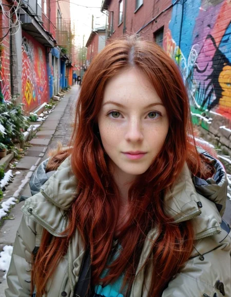 an educational selfie from the front with atmospheric lighting, captured by kristin-lee moolman; it is showcased a honduran, grown-up, and normal woman, having a ginger-haired side bangs haircut and an upturned nose; wearing winter mountain attire with a padded jacket and a backpack; lounging around amidst a vibrant street art alley. <lora:AnalukXL8:1>