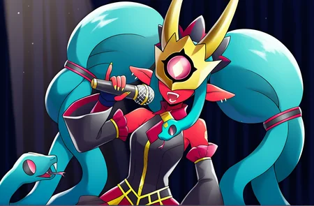 1girl,solo,medusamon,snake hair, red skin,gold horns,twintails,hatsune miku,cropped,upper body,detached sleeves,holding microphone,dress,indoors,club,spotlight,idol stage,club lighting,singing,<lora:MedusamonIllus2:0.98>