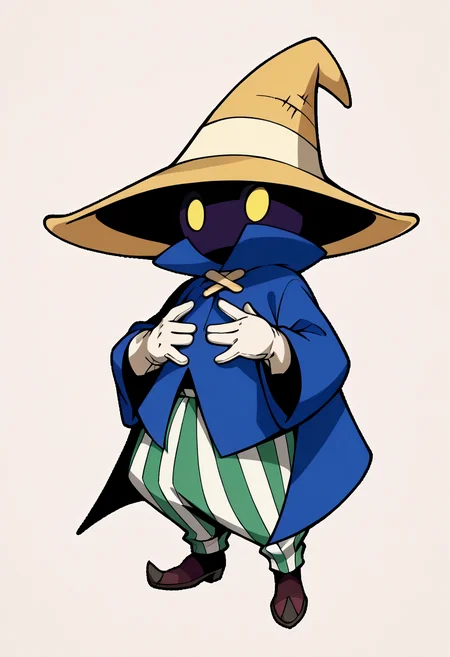 score_9, score_8_up, score_7_up, source_anime, BREAK, solo, 1boy, looking at viewer, <lora:PQ-Style-pdxl_Fp:1>, simple background, full body, chibi, standing, <lora:Ziggy-pdxl_Fp:1>, ziggy, yellow eyes, shaded face, faceless, no mouth, wizard hat, striped pants, cloak, robe, gloves