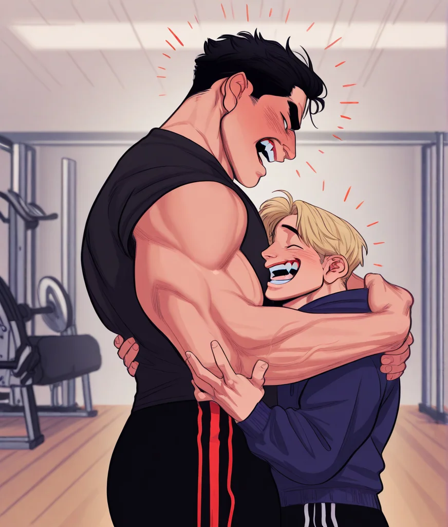 duo, 2boys, muscular male, hug, laughing, joy, short black hair, size difference BREAK
skinny male, blonde hair, hoodie, blush, scowl, gym
, five digits, very awa, masterpiece, best quality, absurdres, newest, perfect quality, intricate details, detailed face, detailed background
, <lora:uh-d_IL-000021:1>