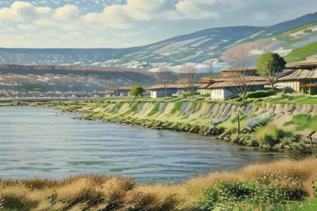 Beautiful village, down hill view, river to the bay, small boats, houses with orange roof, blue and orange sky