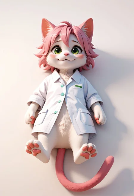 score_9,score_8_up,score_7_up, <lora:3d_render_pdxl_goofy:1>3d render, animal, animal focus, animalization, blush, cat, cat teaser, clothed animal, full body, green eyes, lab coat, lying, no humans, on back, pawpads, pink hair, tail, whiskers, white fur