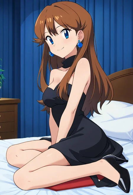 score_9, score_8_up, masterpiece, best quality, uncensored, correct anatomy, detailed background, anime_source, 1girl, solo, alone, perfect eyes, perfect arms, perfect legs, bare neck, collarbone, perfect face, indoors, medium breasts, bare shoulders, gurin, blue eyes, brown hair, long hair, bangs, sidelocks, looking at viewer, a short black sweetheart bodycon dress, black dress, strapless, sexual arousal, black high heels, blue earrings, round earrings, full body, Sitting on her bed, bedroom background, smile, looking at viewers, legs crossed, cowboy shot, indoors, night