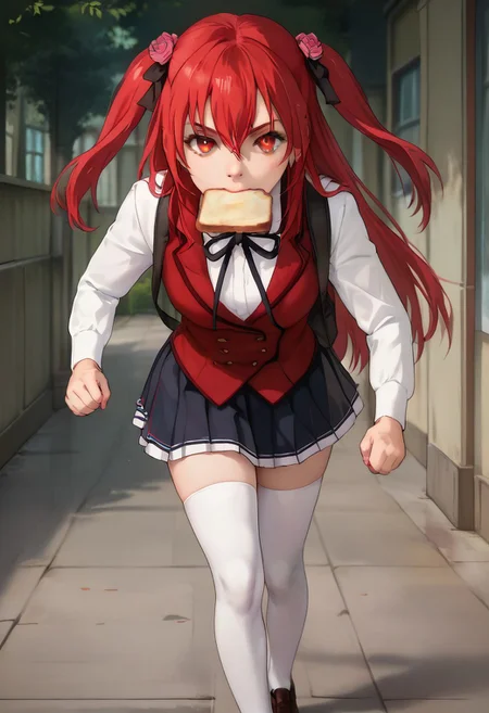 score_9, score_8_up, score_7_up, score_6_up, high definition, realistic, full body, beautiful face, perfect eyes, amelia_rose, red hair, red eyes, school uniform, white thighhighs, running with food in mouth, toast, on sidewalk