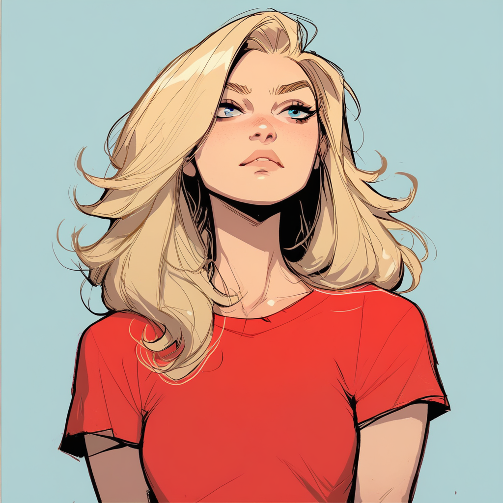 score_9, score_8_up, score_7_up, FFGNS, a woman, blue eyes, blonde hair, red shirt,